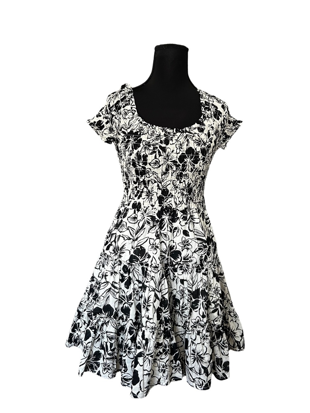 American Eagle Outfitters Black & White Floral Smocked Mini Dress